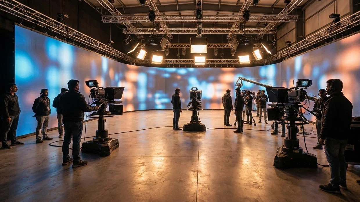 Large TV news studio with LED wall and Indian broadcast crew