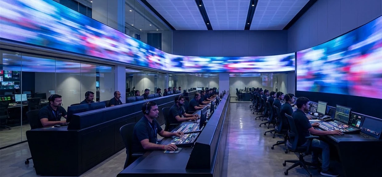 National TV master control room with a giant LED video wall in India